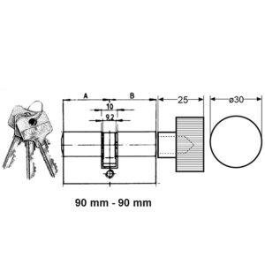 Profile cylinder 90/90 mm key/knob. Max door thickness - 4 1/2 inch