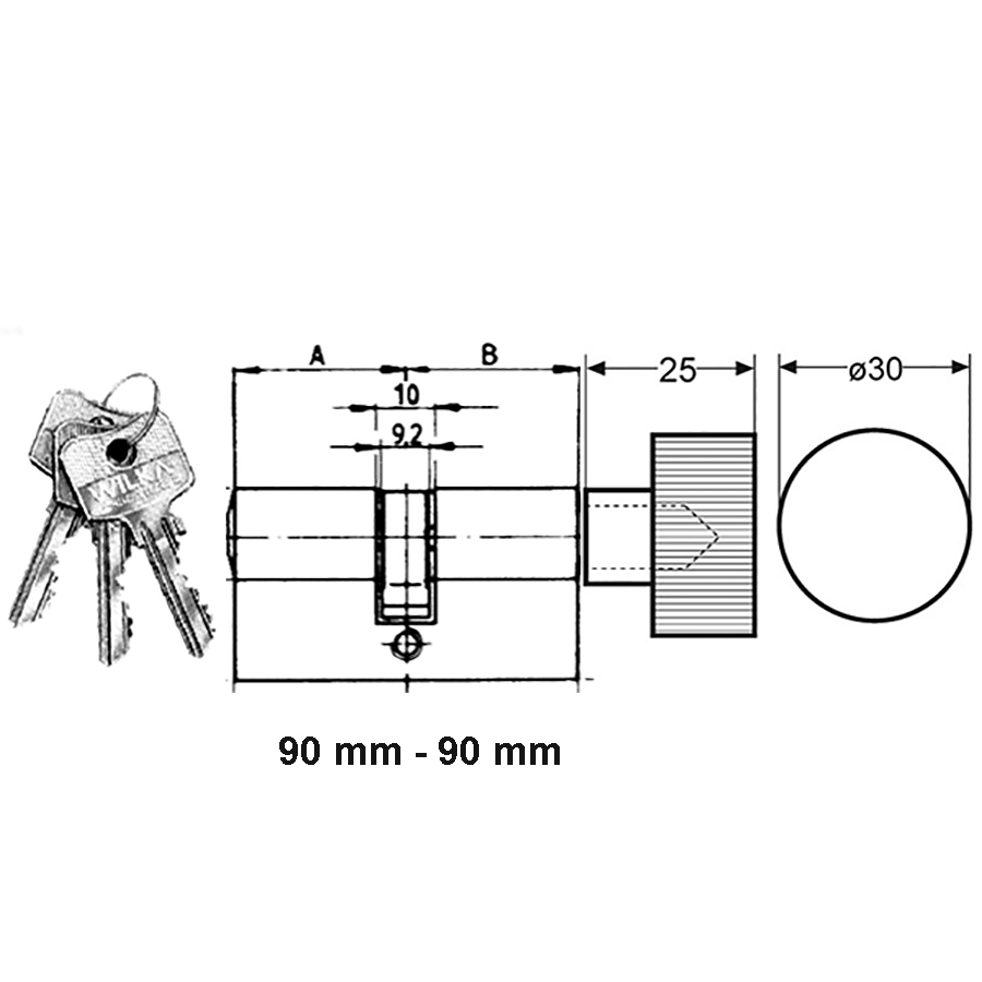 Profile cylinder 90/90 mm key/knob. Max door thickness - 4 1/2 inch