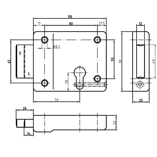 Rim lock - 75 mm backset. Satin Stainless Steel. - Image 2