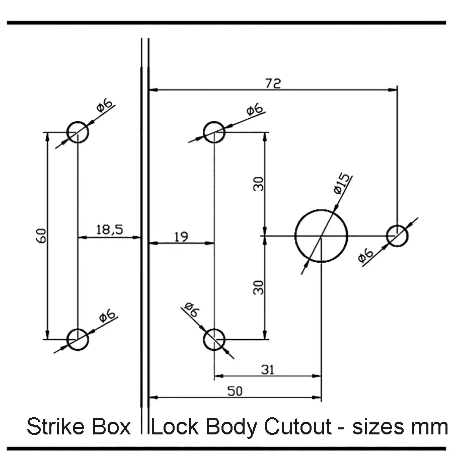 Sliding door lock with 50 mm backset for 1/4 inch up to 1/2 inch thick glass. With Strike Box - Image 2