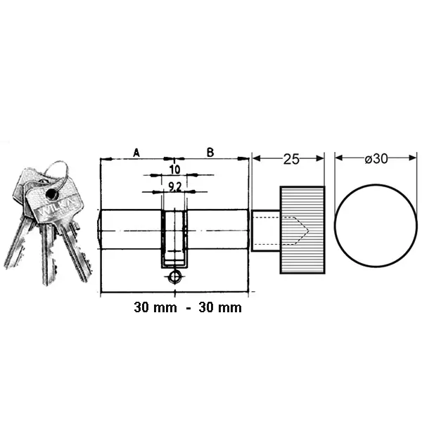 . Profile cylinder 30/30mm key/knob. Polished Chrome Max. door thickness - 1 3/4 inch - Image 2