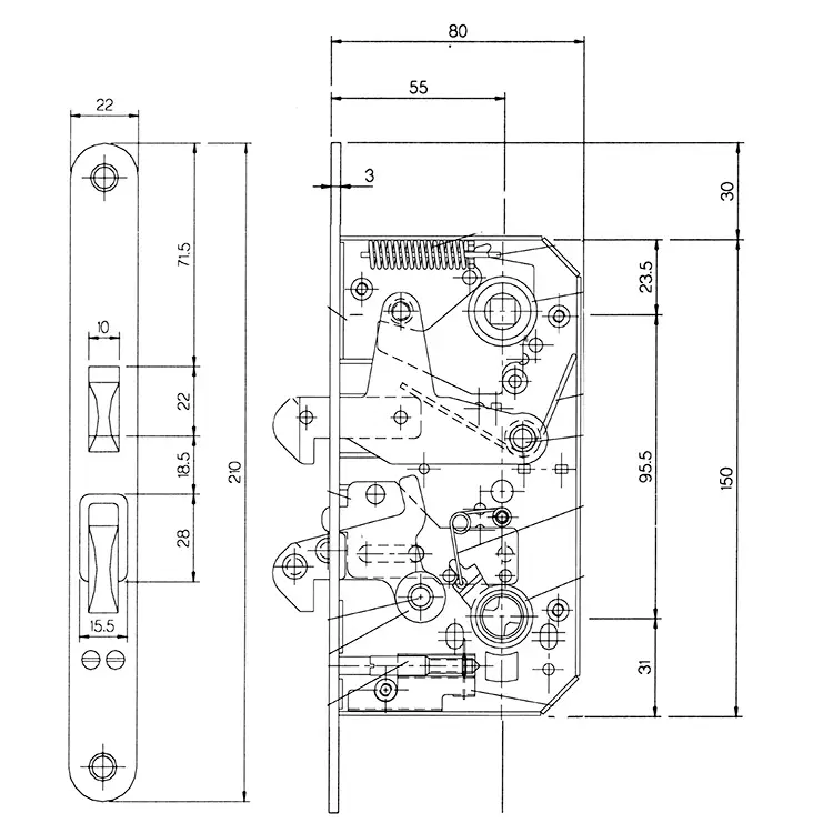 Sliding Mortise Lock SET. 55 mm Backset. With Two Hook Bolts. Heavy Duty. Polished Stainless Steel and Polished Chrome - Image 2