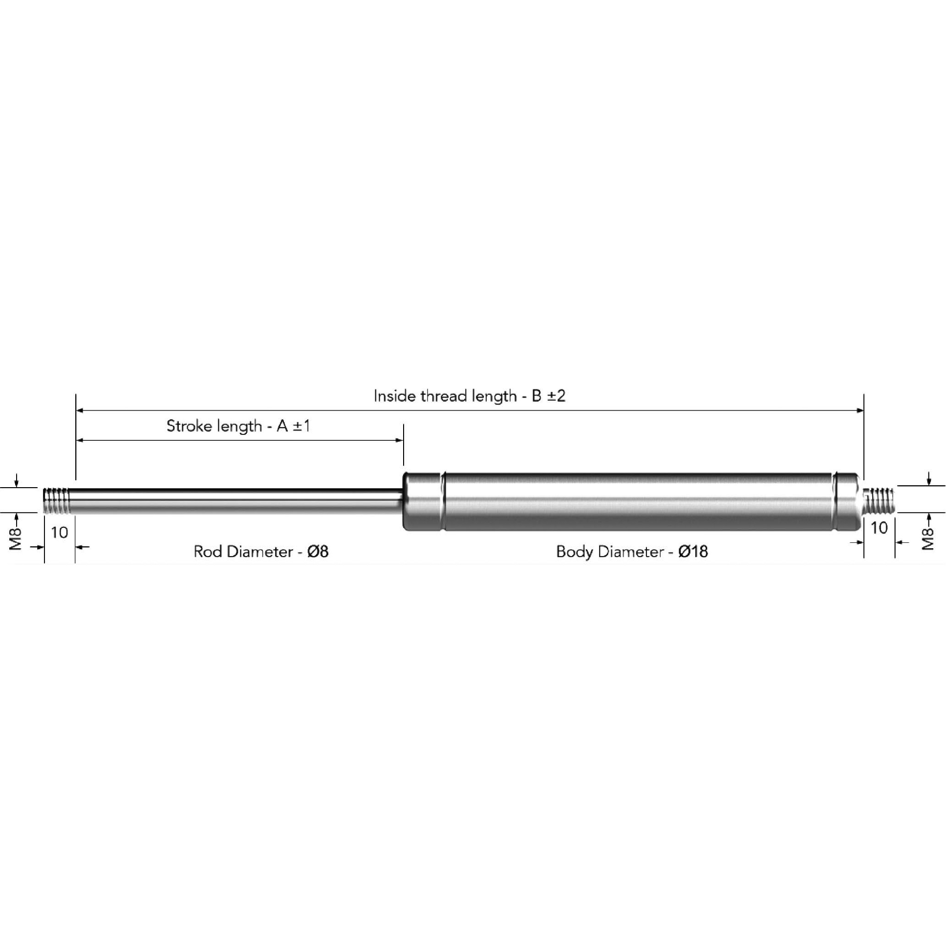 Gas Spring Series 8-18-200 mm. 316 stainless steel. - Image 2