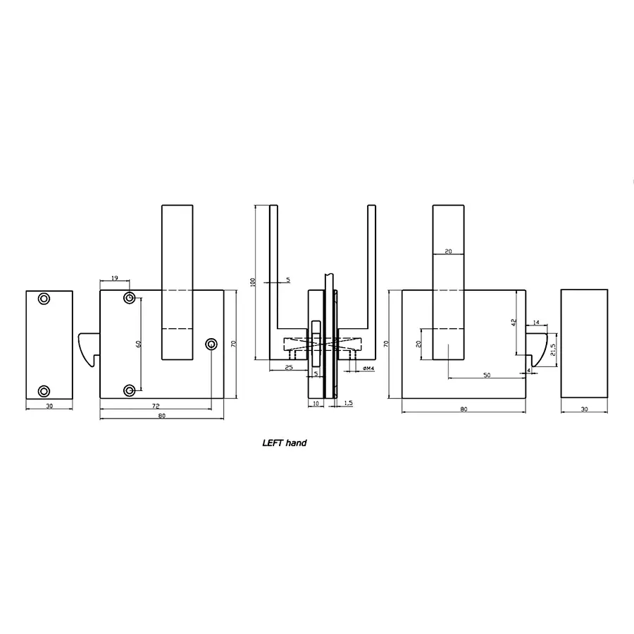 Sliding door lock with 50 mm backset for 1/4 inch up to 1/2 inch thick glass. With Strike Box - Image 3