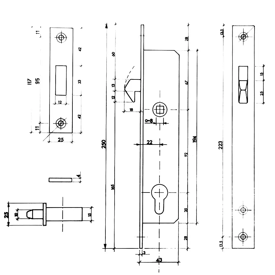 Sliding Door Lock with 22 mm backset. For Narrow Style Framed Doors. Minimum Door Thickness 1 1/2 inch. Complete Set - Image 2