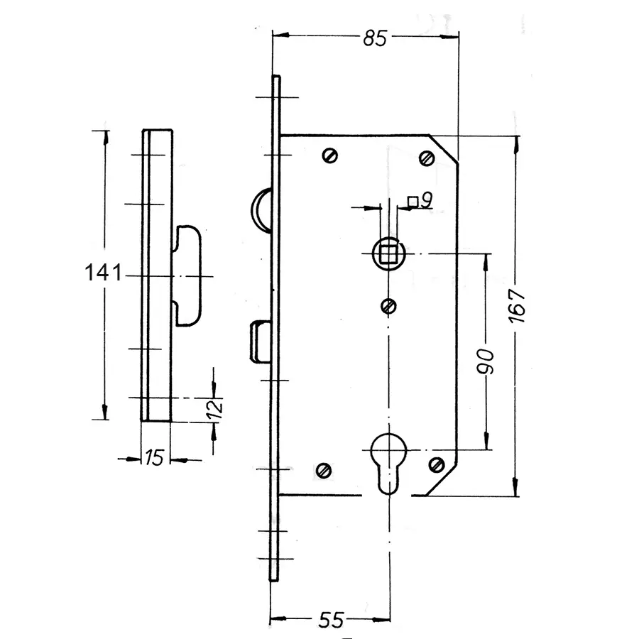 Sliding Door Lock 55 mm Backset. Heavy Duty, With Profile Cylinder. Heavy Minimum Door Thickness 1 3/4 inch or 45 mm. - Image 2