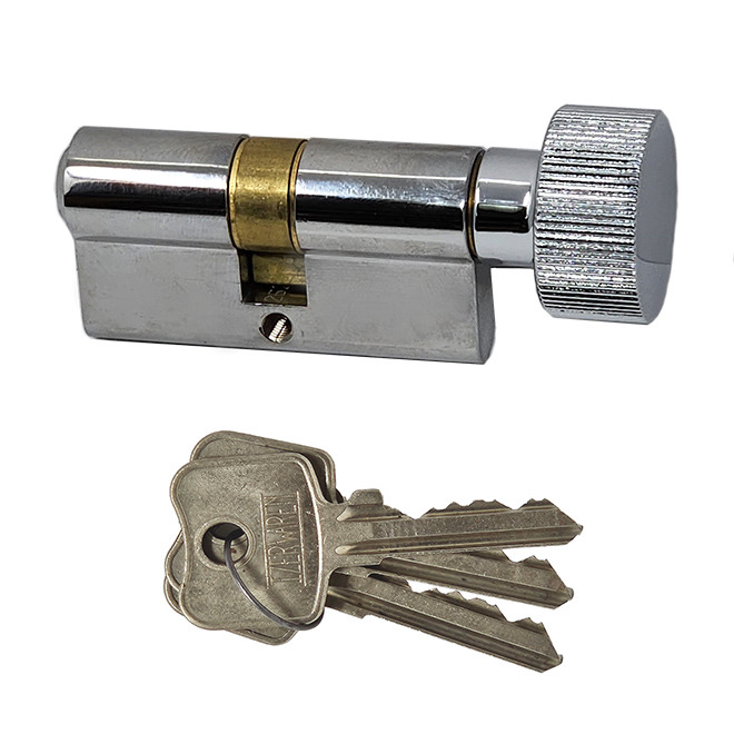 Profile cylinder Key Way 26.5/26.5 mm key/knob. Polished Chrome. Max door thickness- 1 1/2 inch